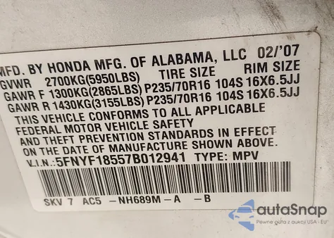 2007 Honda Pilot Ex-L from USA, damaged, VIN 5FNYF18557B012941